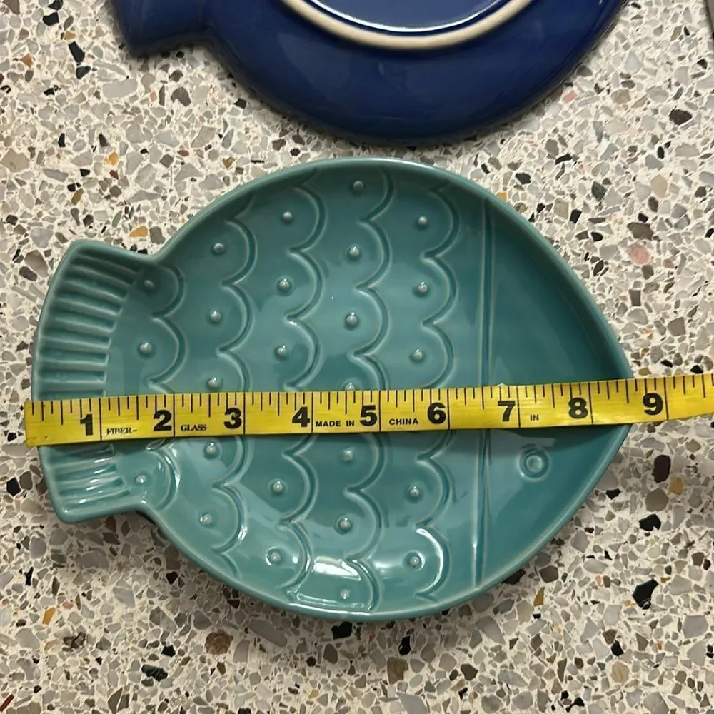 Crate & Barrel ceramic fish cocktail plates blue green white turquoise - Picture 3 of 4